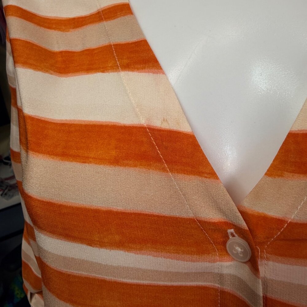 ALICE + OLIVIA Button Front Womens S Orange Cream Striped Silk 3/4 Sleeve Top - Picture 3 of 8